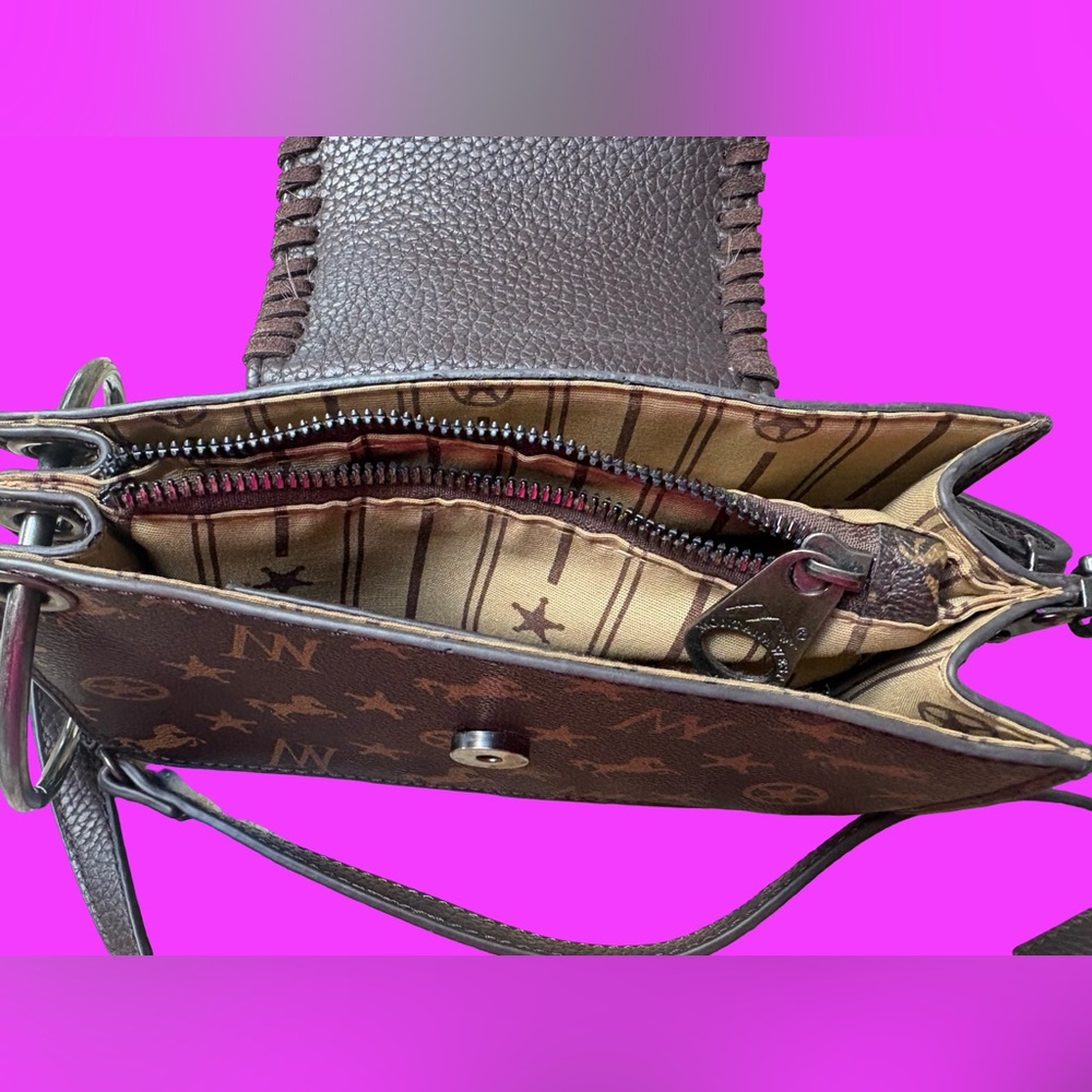 WESTERN Montana West Brown Crossbody Logo Bag Or Clutch With Fur Accent Like New - Picture 8 of 8